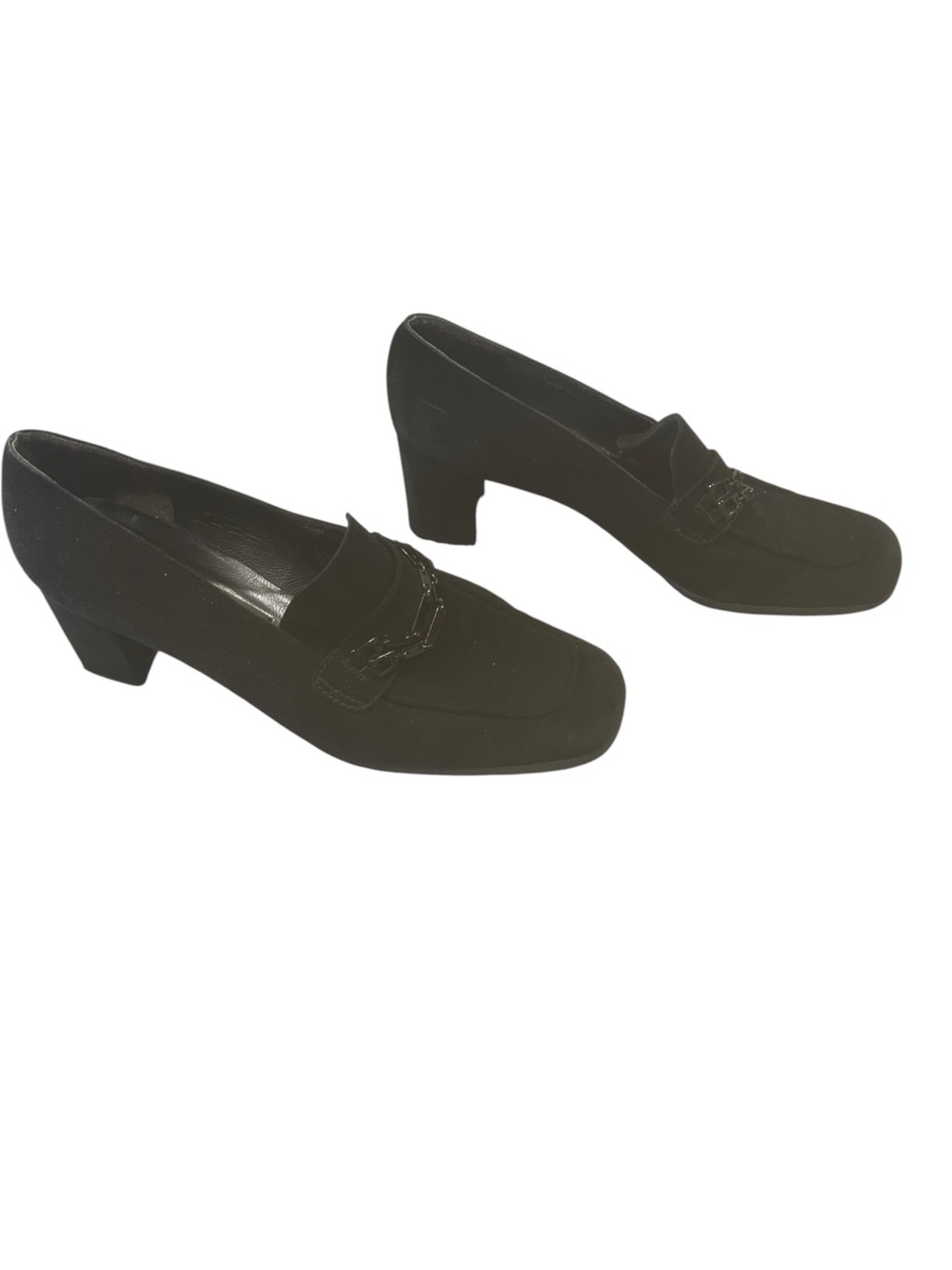 Stuart Weitzman Black Suede Loafer 9.5 B Chain Block Heel dark academia office - Picture 2 of 16